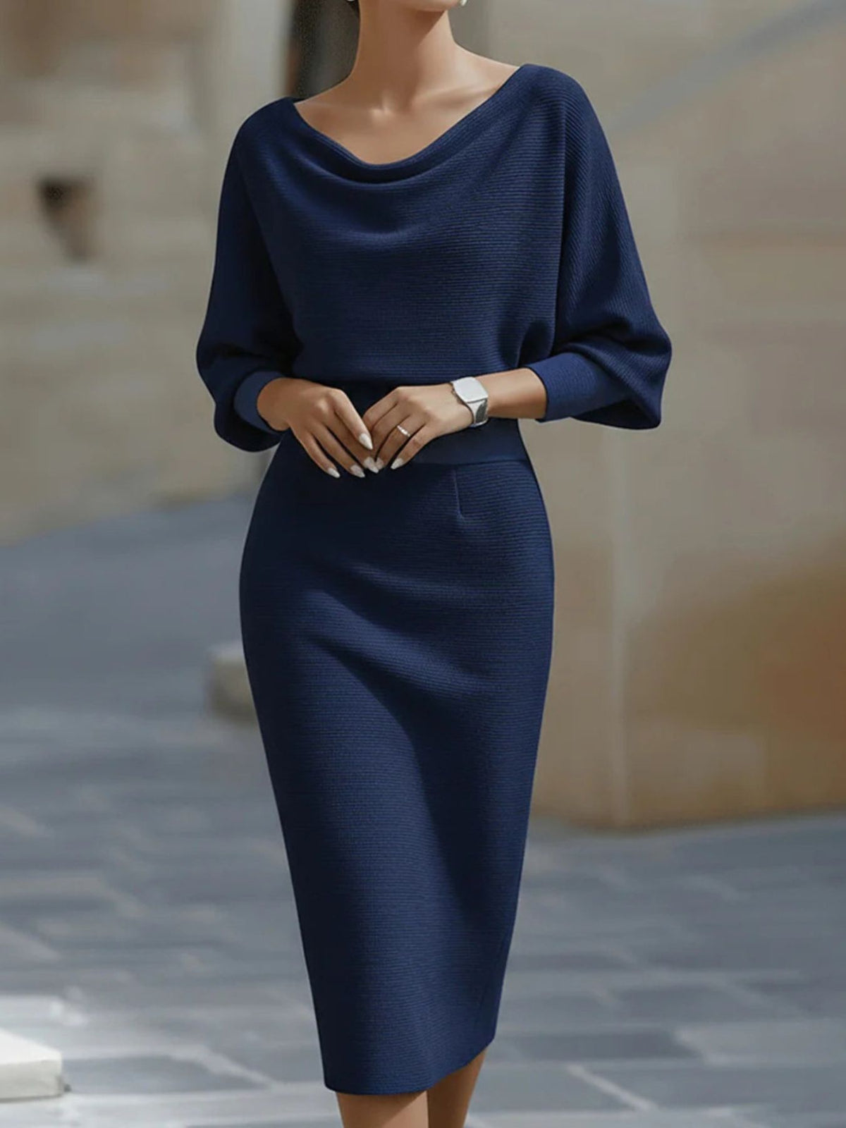 Cowl-Neck Knit Bodycon Midi Dress