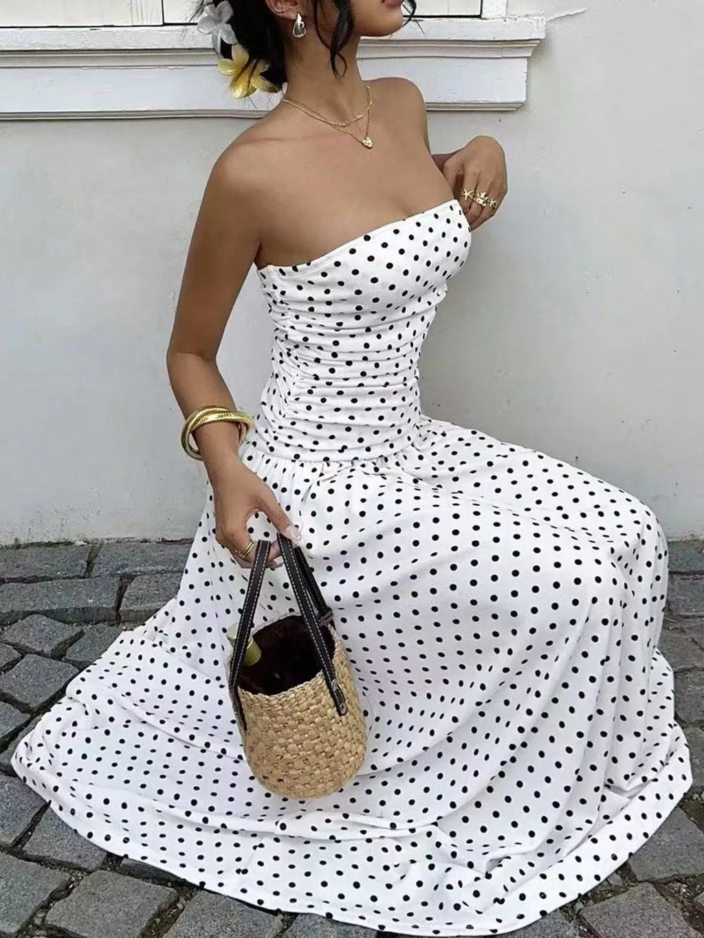 Strapless Polka-Dot Ruched Maxi Dress, S–2XL