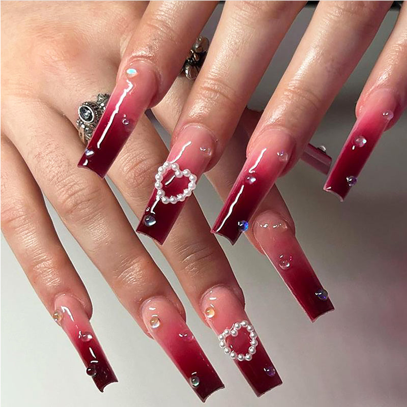 Red Heart Press On Nails — 24 PCS Long Square Romantic Fake Nails | Valentine's Day Nail Art — Prime Trend Market