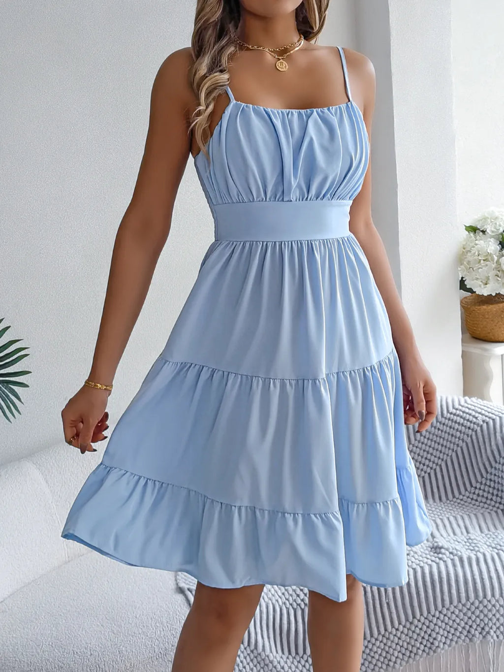Smocked-Back Tiered Cami Mini Dress