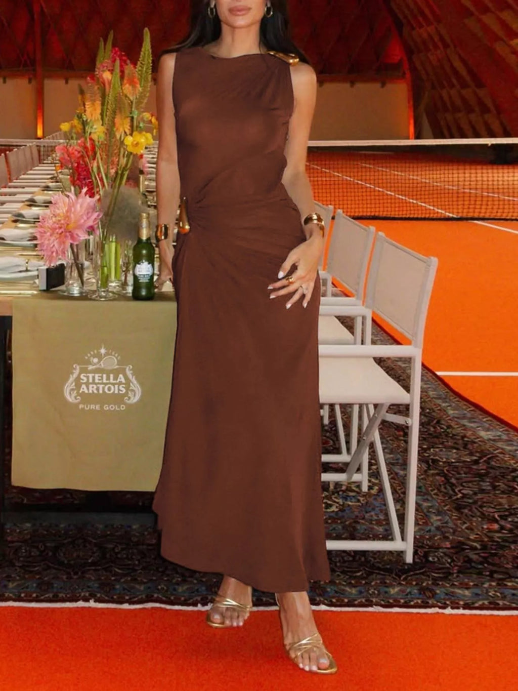 Draped Sleeveless Maxi Dress with Gold-Tone Accents
