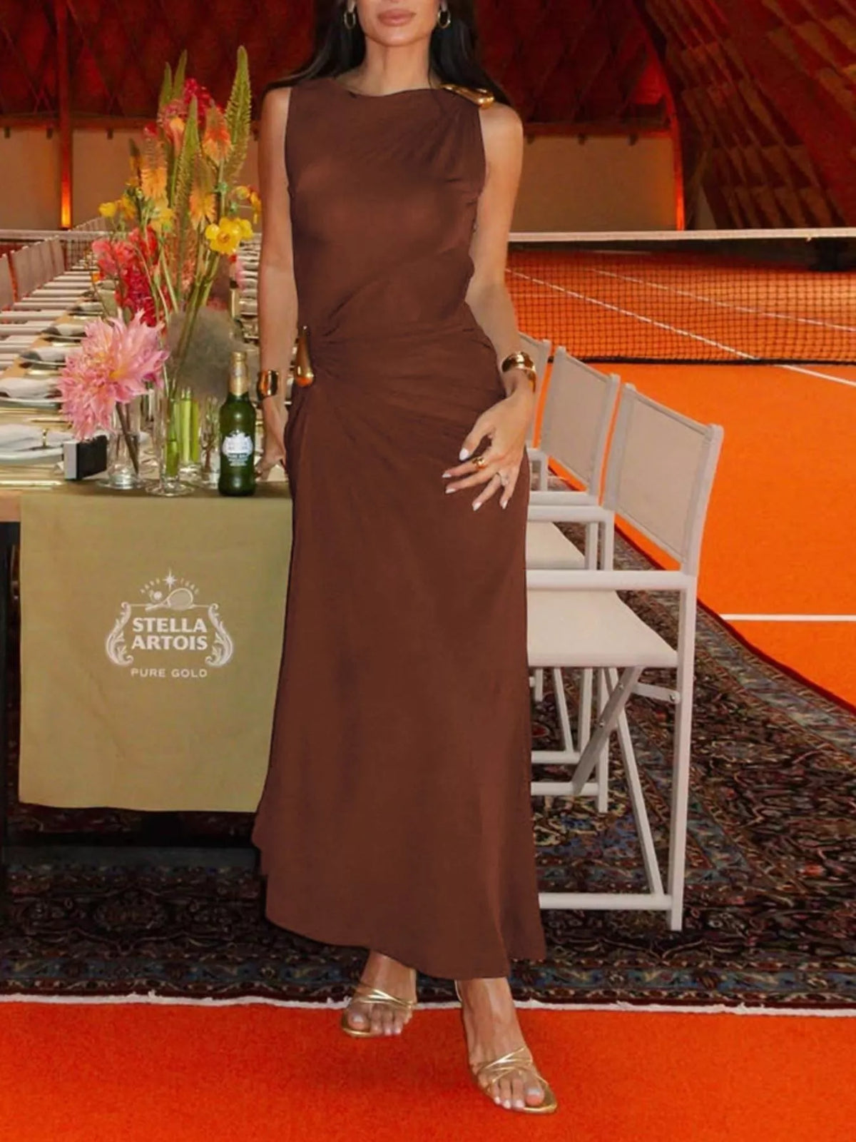 Draped Sleeveless Maxi Dress with Gold-Tone Accents