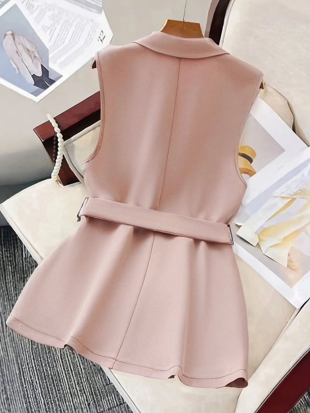 Black Tie-Waist Lapel-Collar Sleeveless Blazer