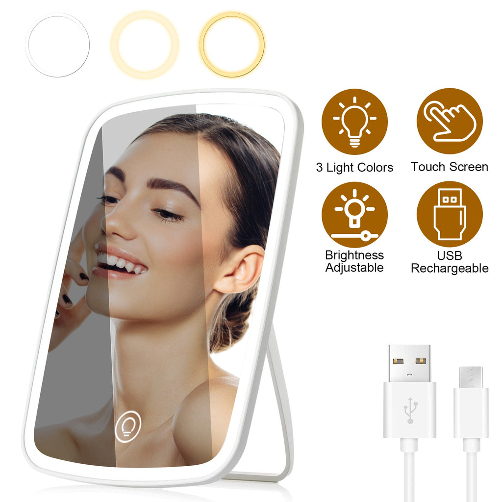 LED Lighted Makeup Vanity Mirror – 3 Light Colors, Touch Screen, USB Rechargeable | White — Eliza & Tuan