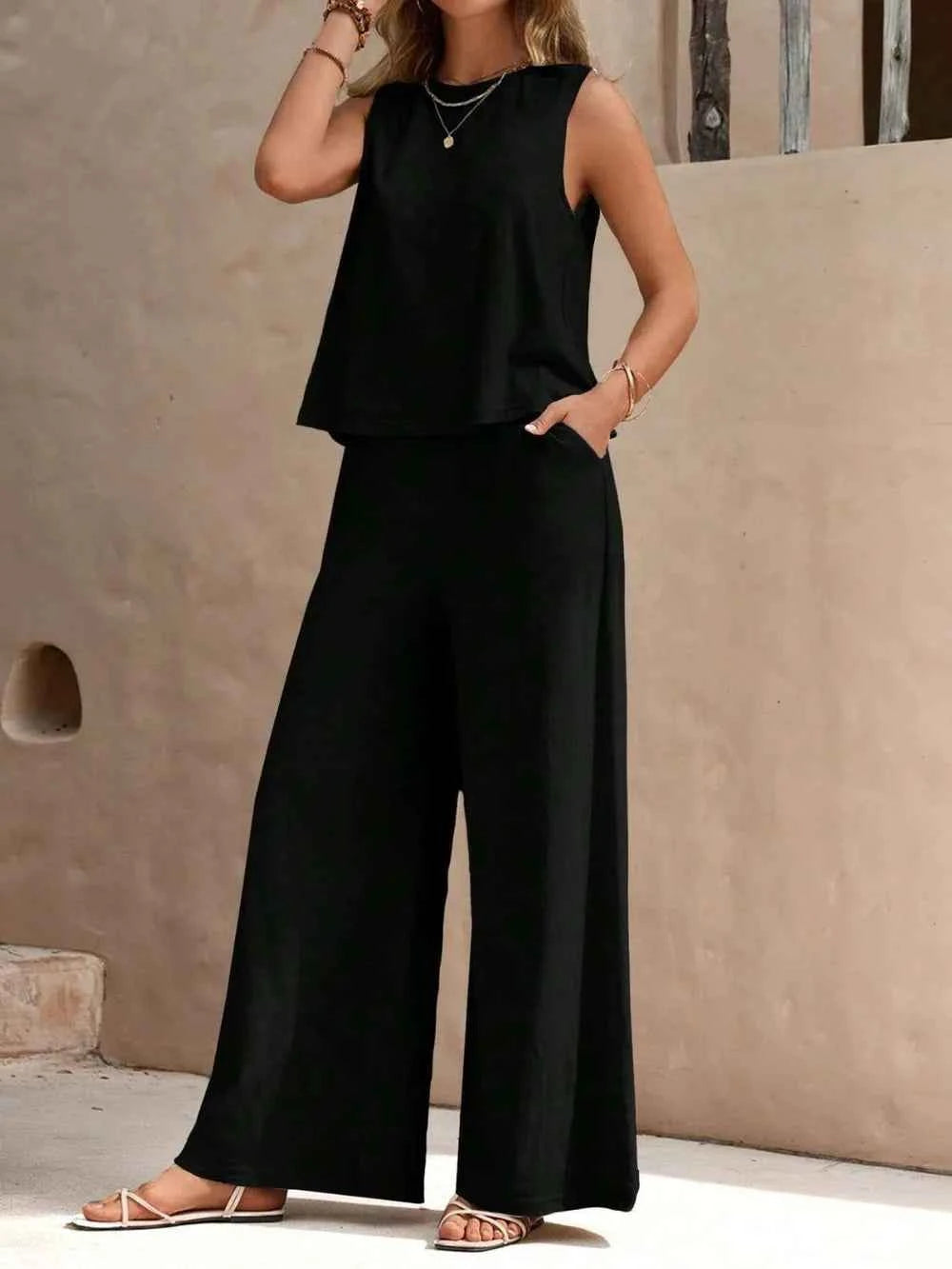 Sleeveless Round-Neck Top & Wide-Leg Pants Set