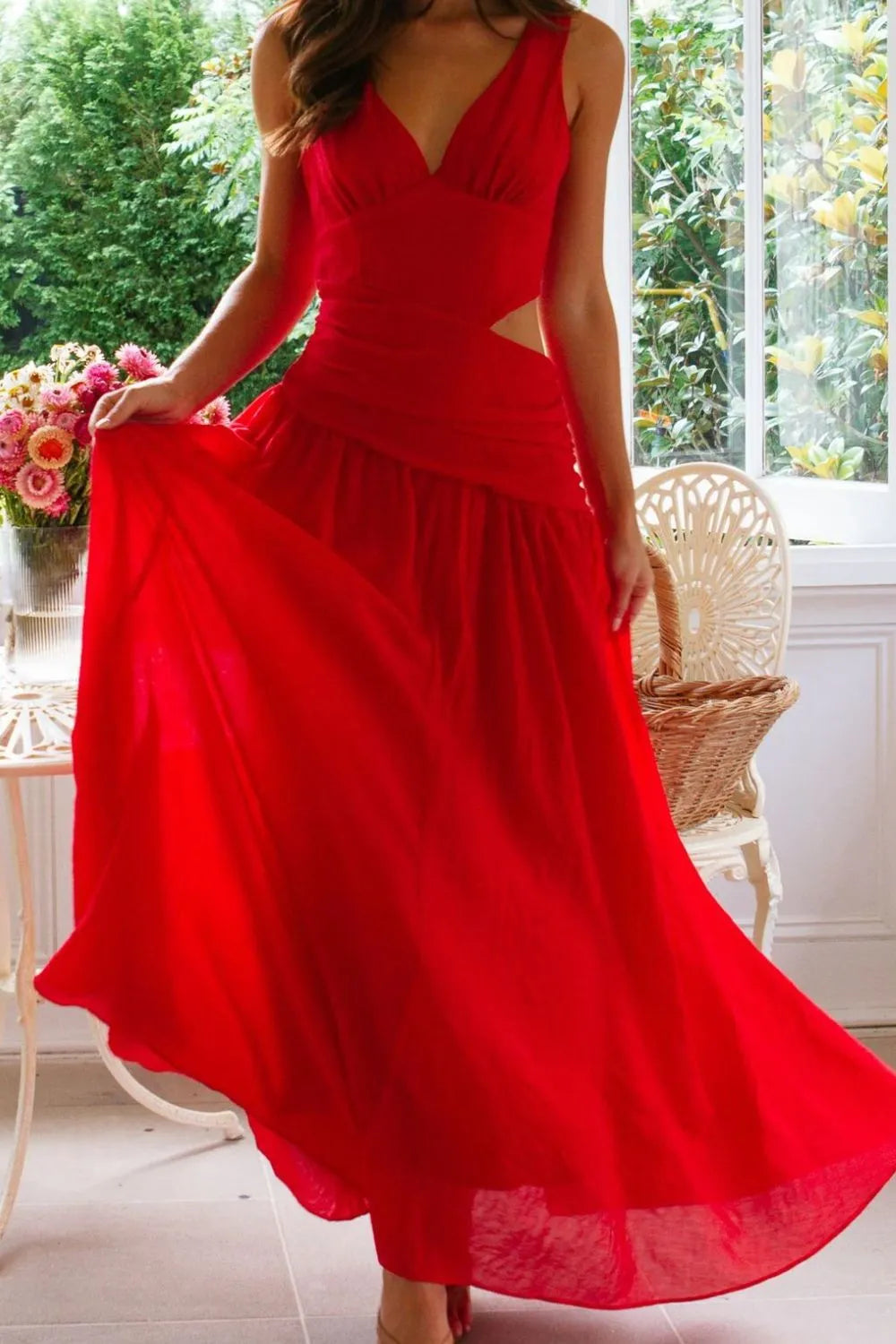 V-Neck Side-Cutout Ruched Maxi Dress