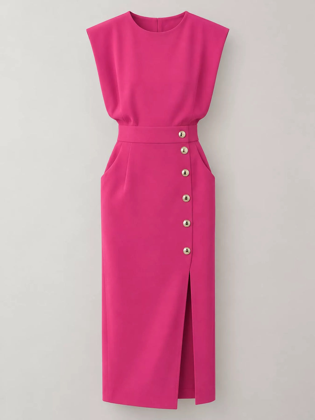 Sleeveless Gold-Tone Button-Detail Midi Dress
