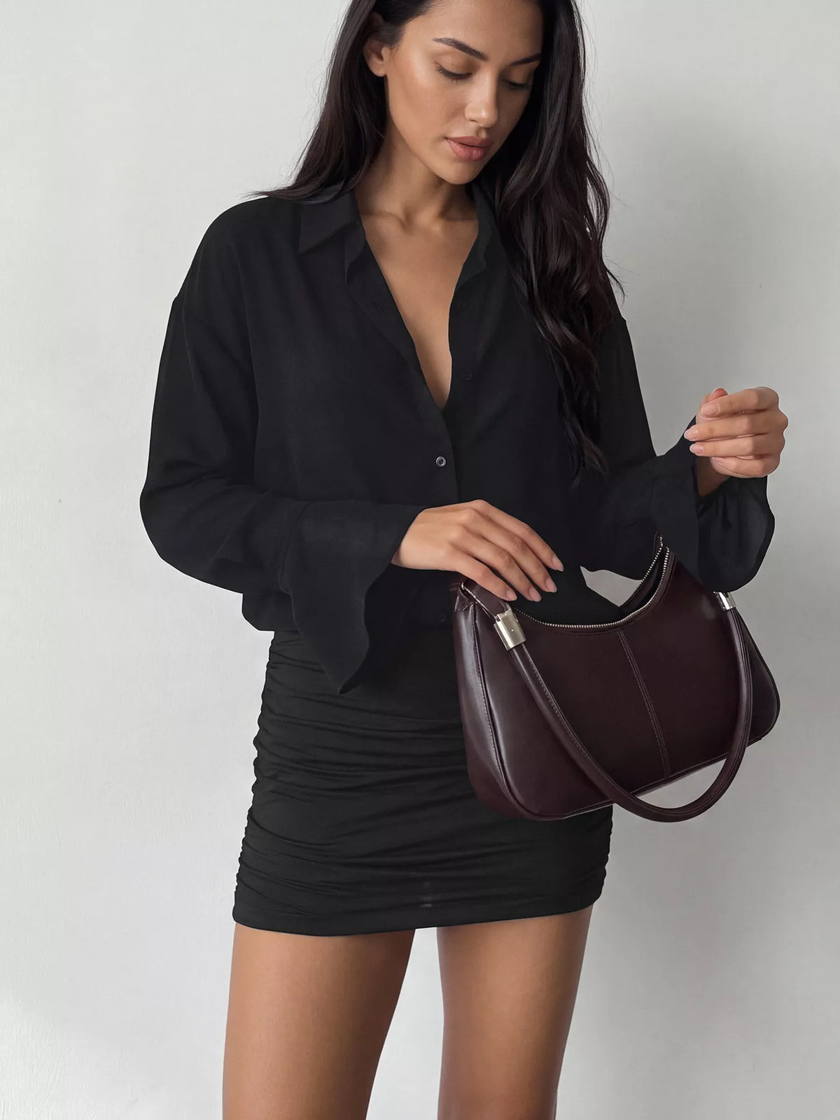 Black Button-Front Flounce-Sleeve Ruched Mini Dress