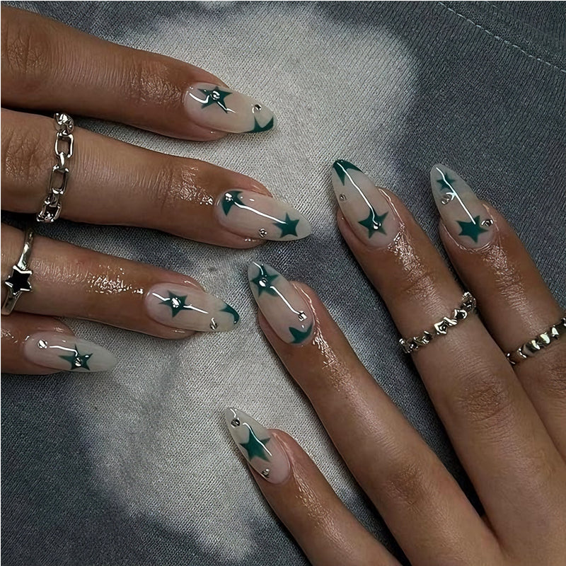 Green Star Nail Art Press-On Nails – 24 PCS Long Water Pipe Shape | Celestial ABS Acrylic — Prime Trend Market