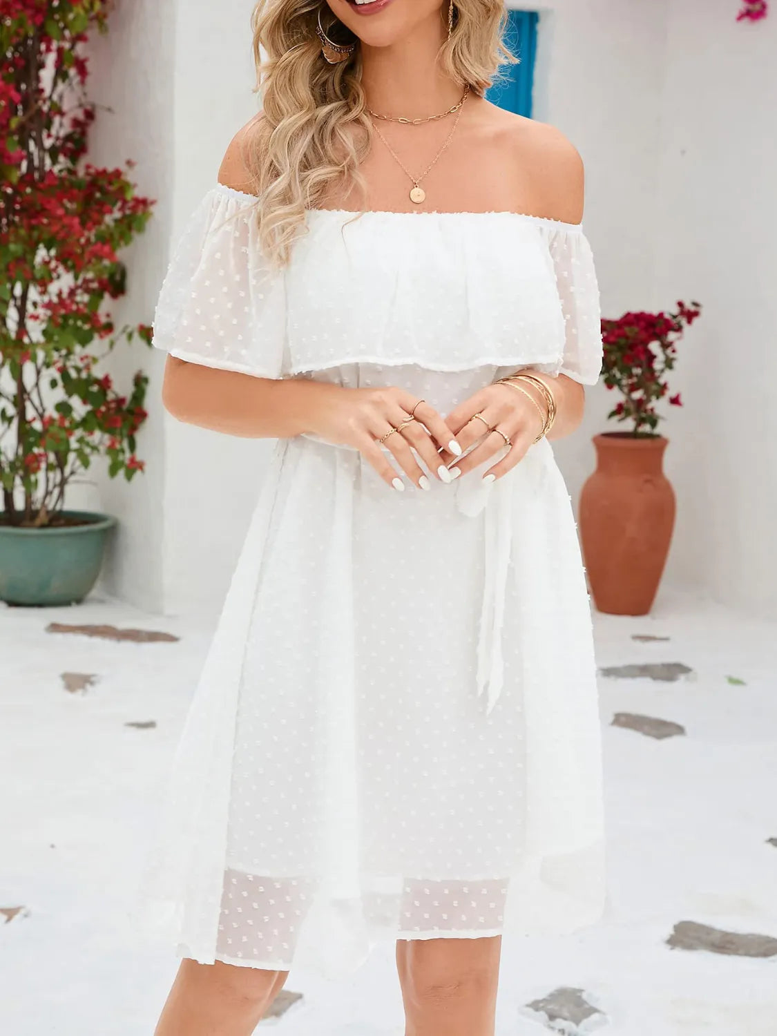 Swiss-Dot Off-Shoulder Belted Mini Dress