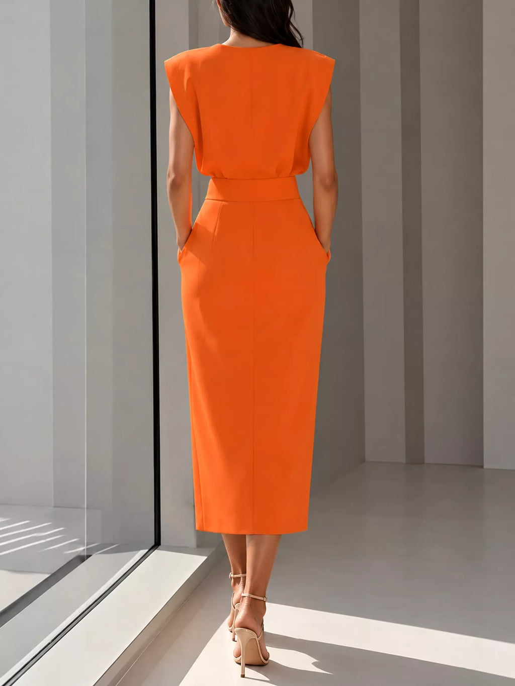 Sleeveless Gold-Tone Button-Detail Midi Dress