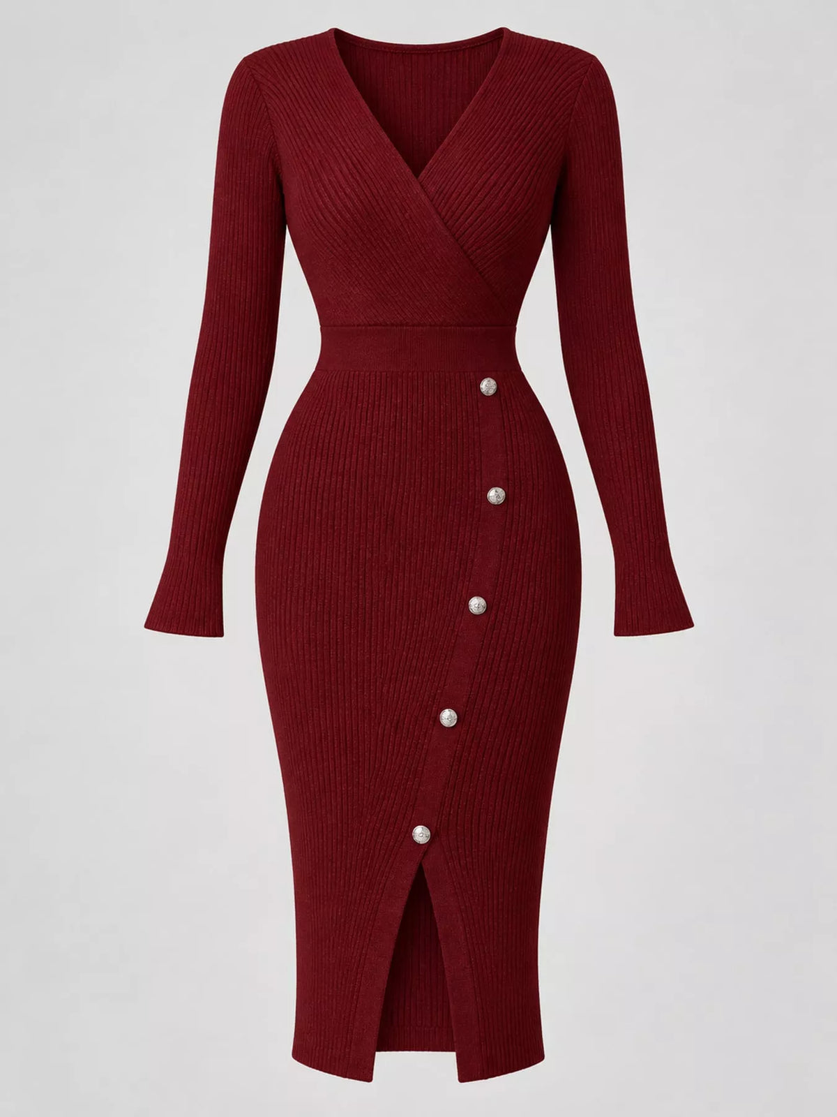 Ribbed Knit Sweater Dress with Decorative Buttons