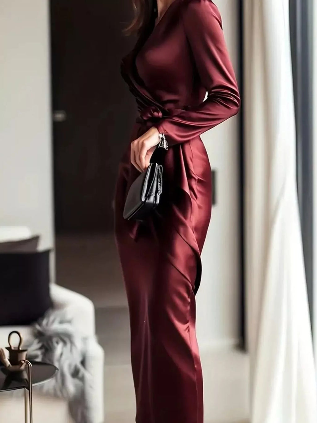 Satin Surplice Tie-Waist Long-Sleeve Midi Dress