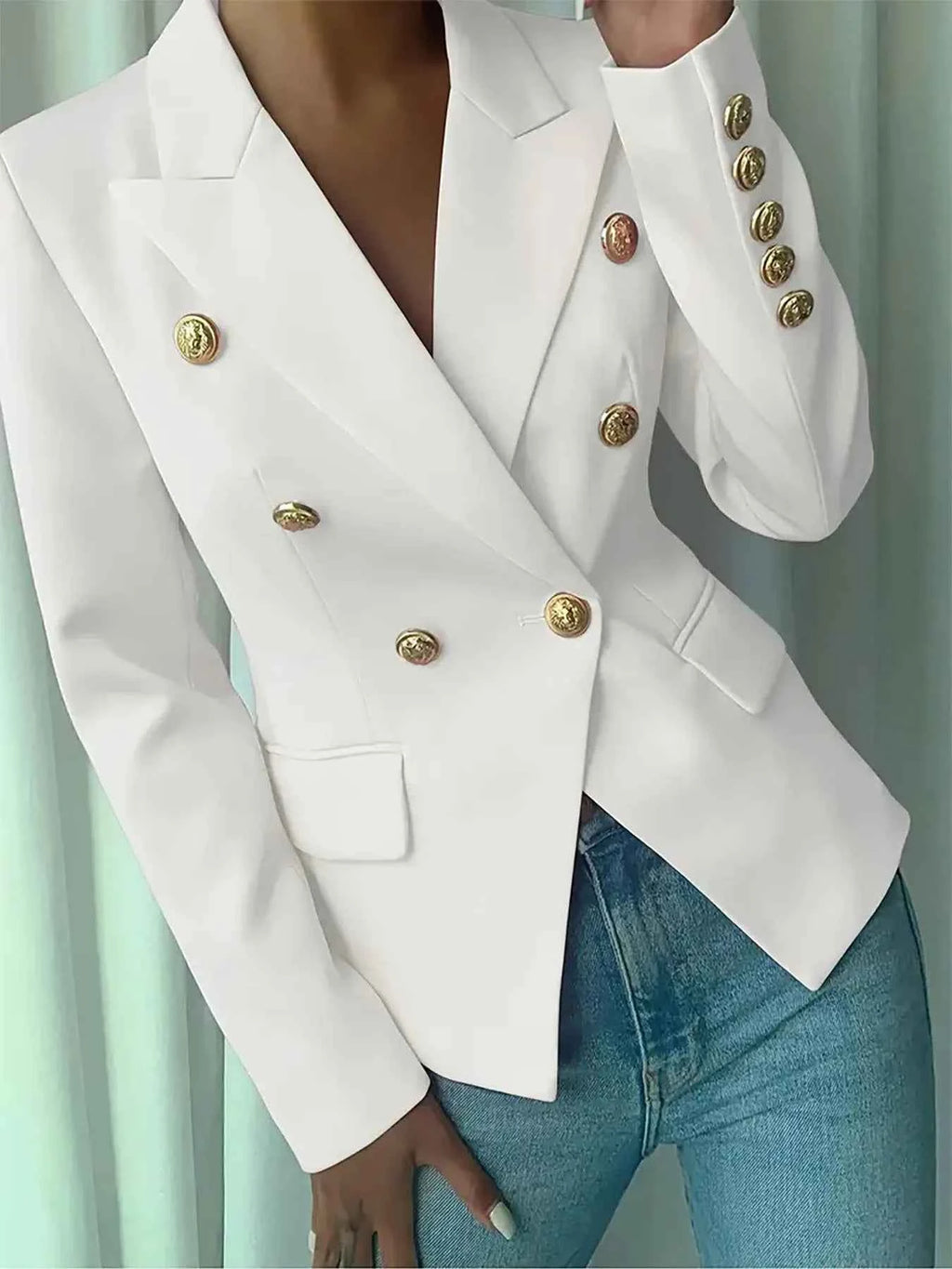 Decorative-Button Double-Breasted Blazer