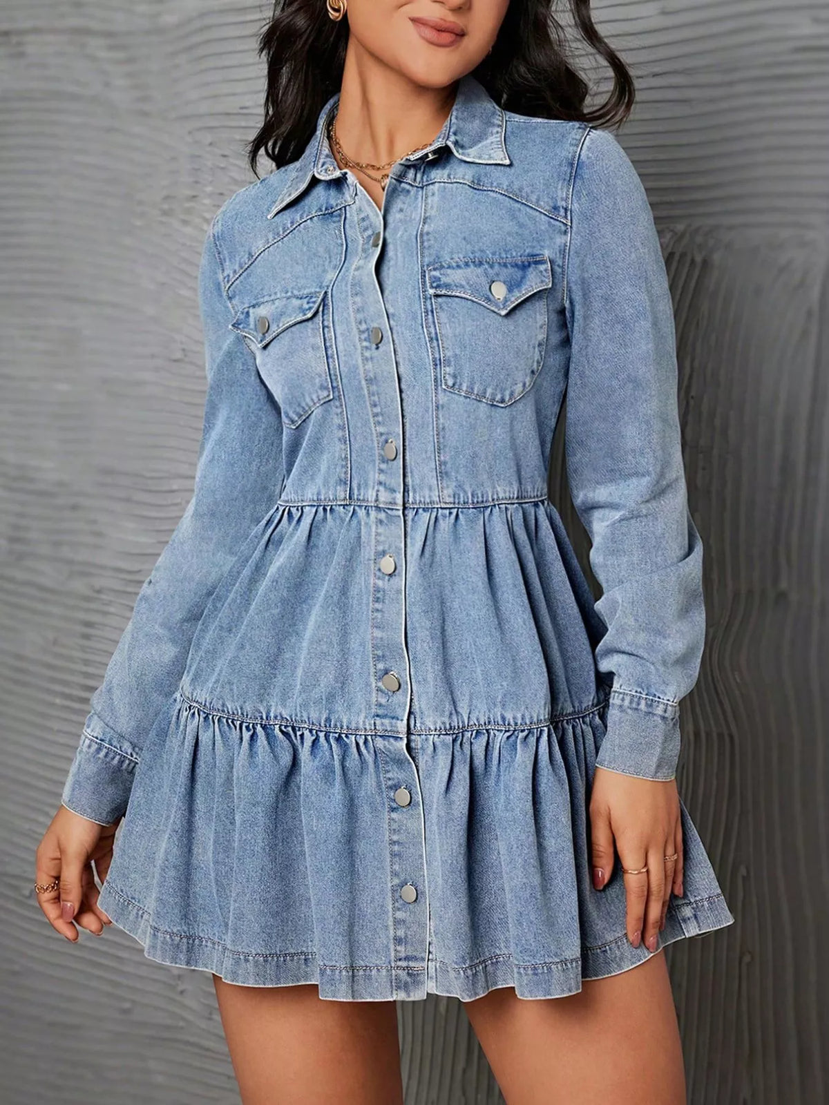 Blue Button-Front Tiered Denim Mini Dress