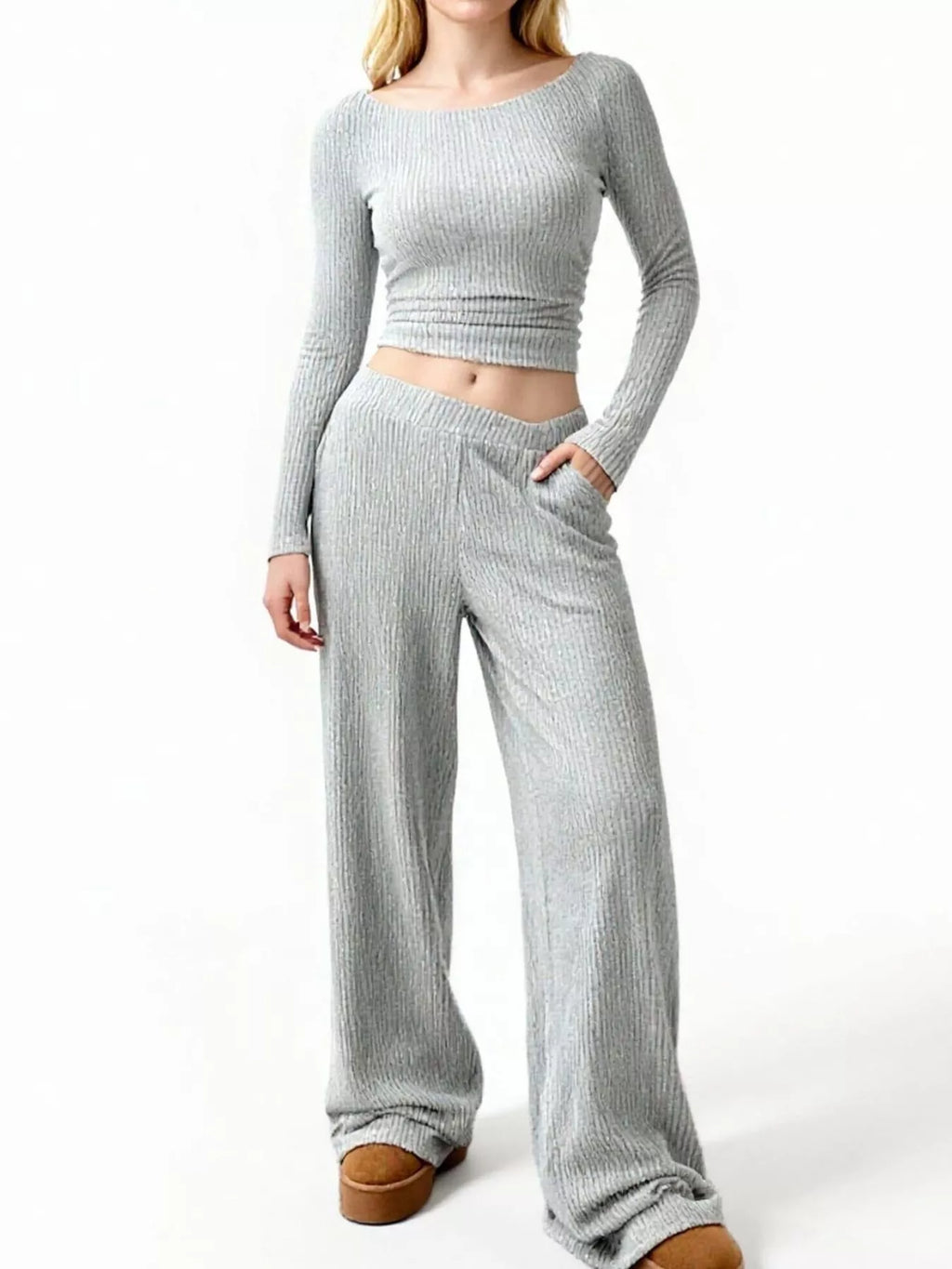 Round-Neck Long-Sleeve Top & Wide-Leg Pants Set