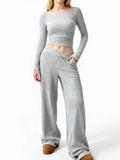 Round-Neck Long-Sleeve Top & Wide-Leg Pants Set