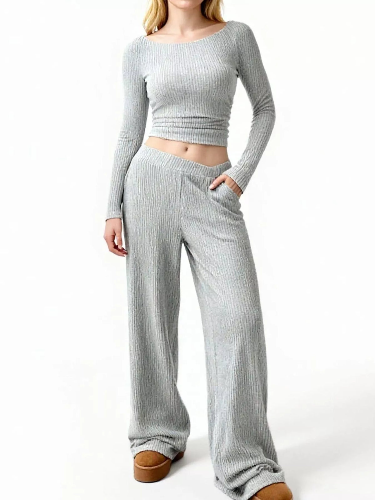 Round-Neck Long-Sleeve Top & Wide-Leg Pants Set