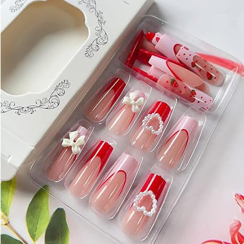 Strawberry Bow Press-On Nails – 24 PCS Long Square Head Shape | Cottagecore Y2K Design — Prime Trend Market