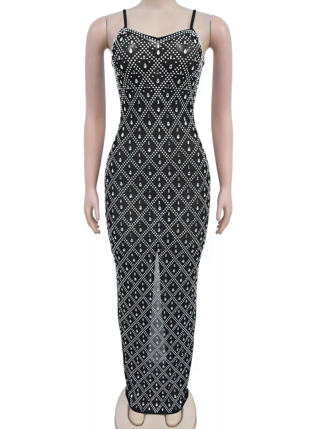 Rhinestone-Embellished Sheer Mesh Maxi Dress