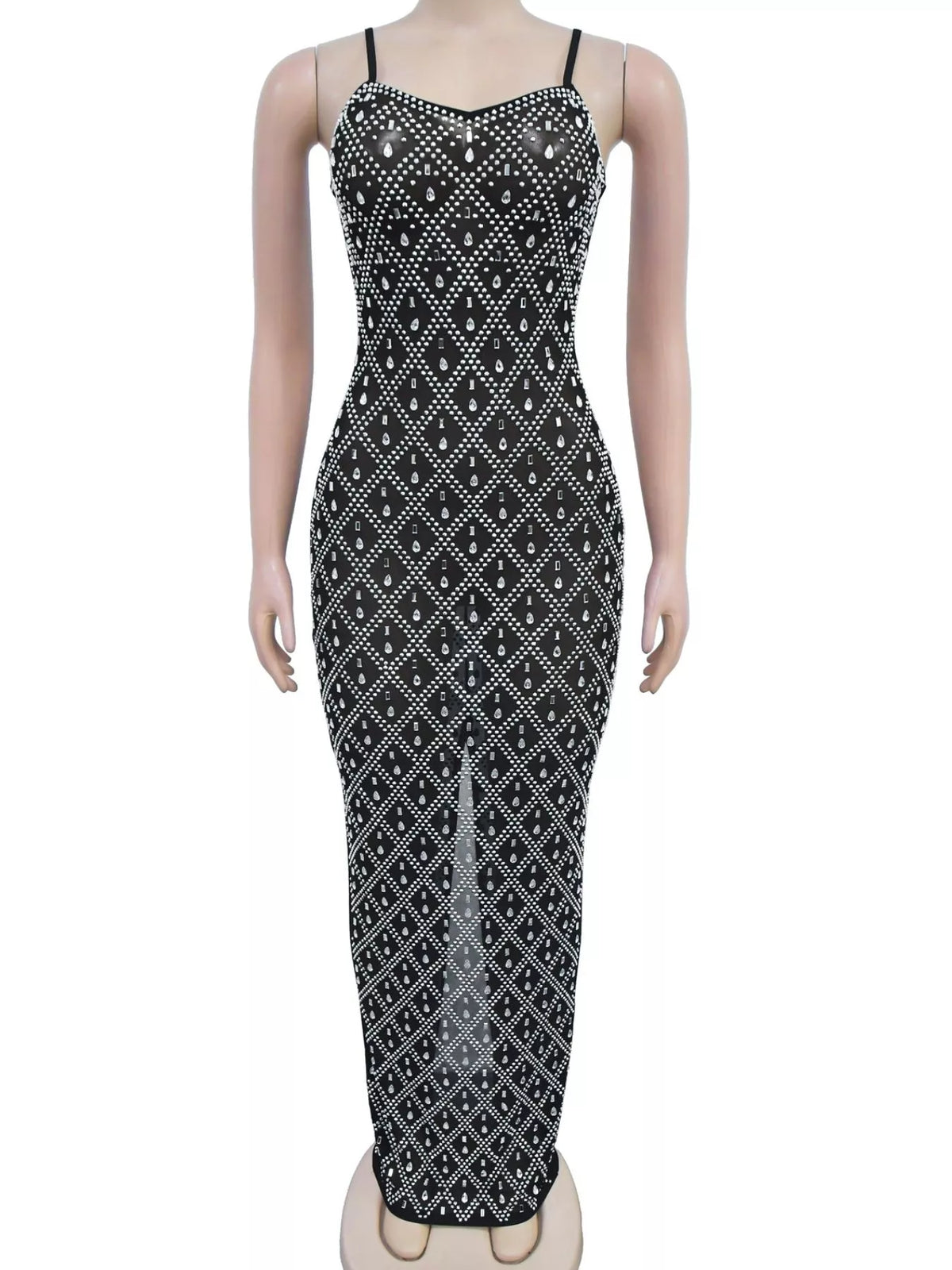 Rhinestone-Embellished Sheer Mesh Maxi Dress