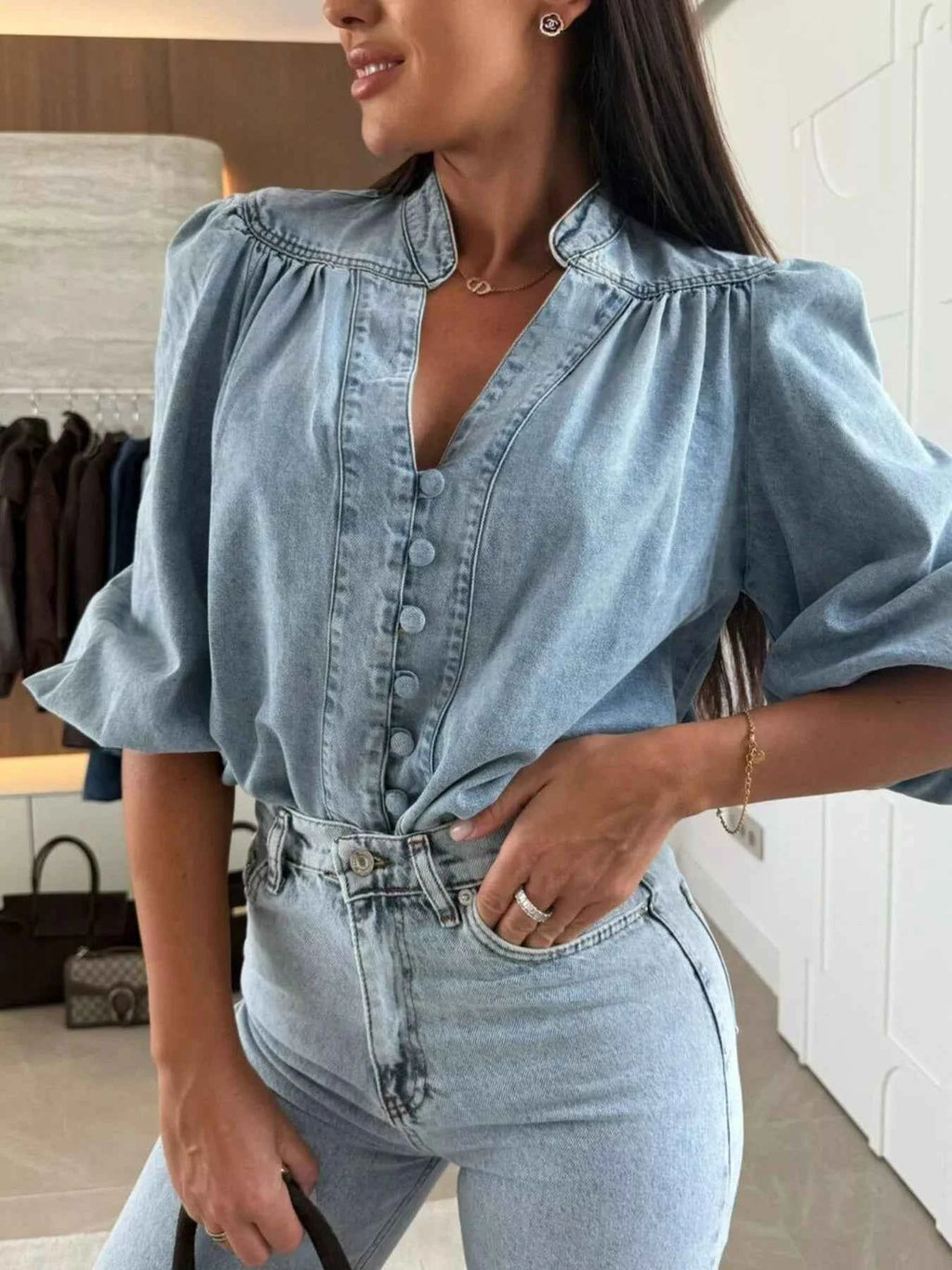 Button-Down Puff-Sleeve Denim Blouse