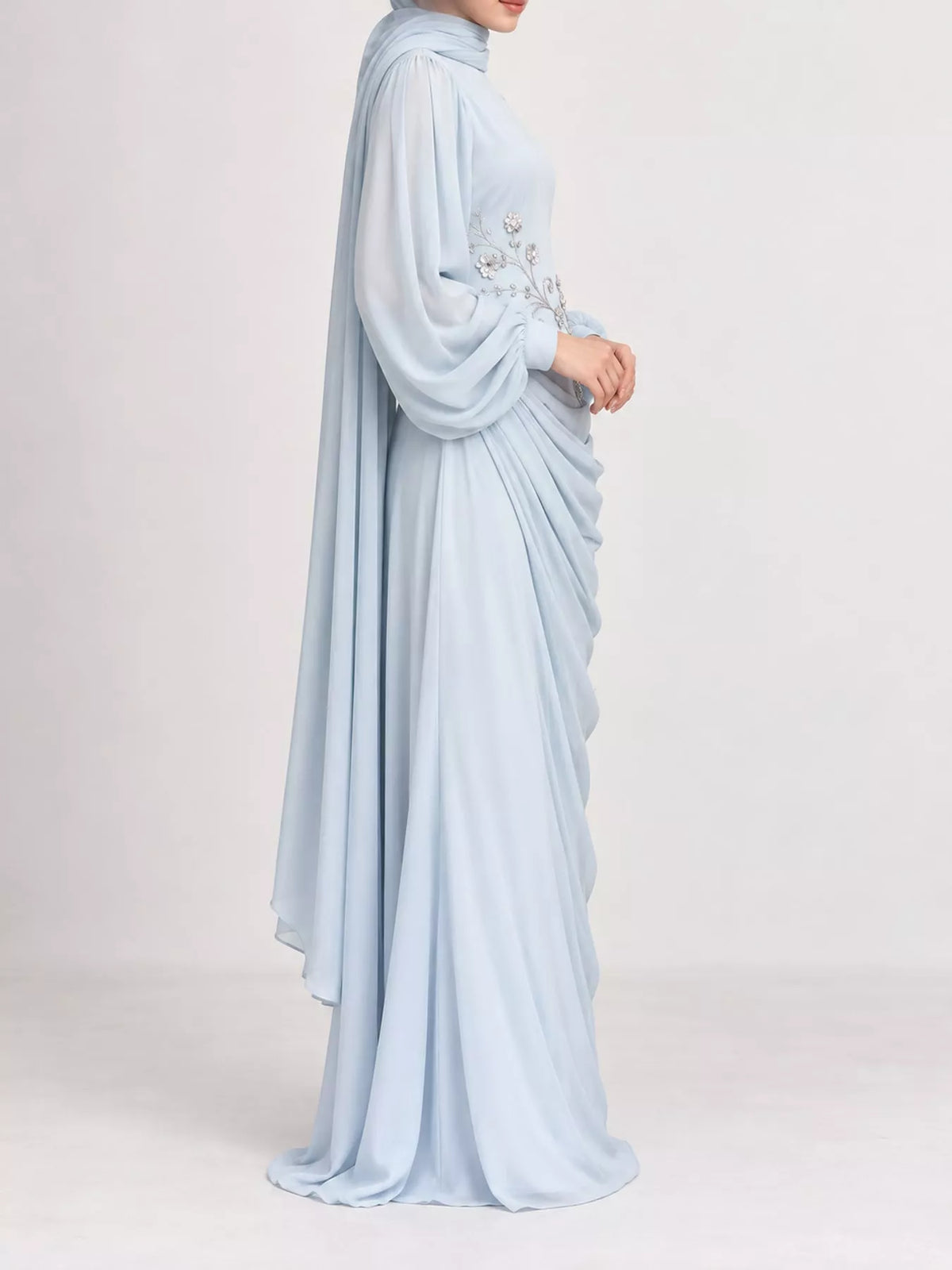 Floral-Embellished Long-Sleeve Ruched Evening Maxi Dress | S–3XL