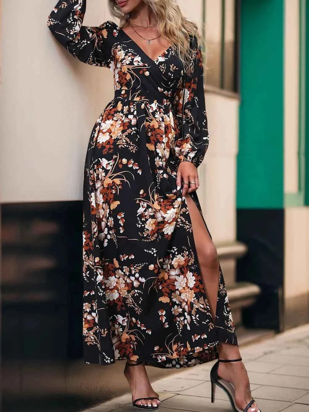 Floral Surplice Slit Maxi Dress
