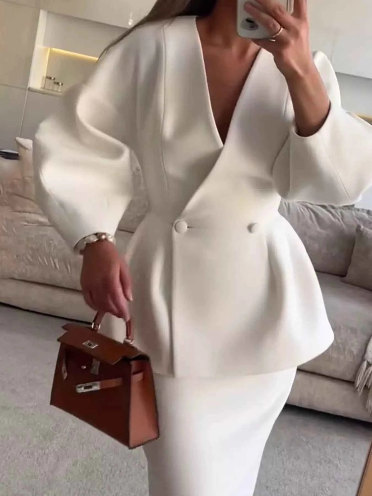 Milky White Peplum Blazer & Skirt Set