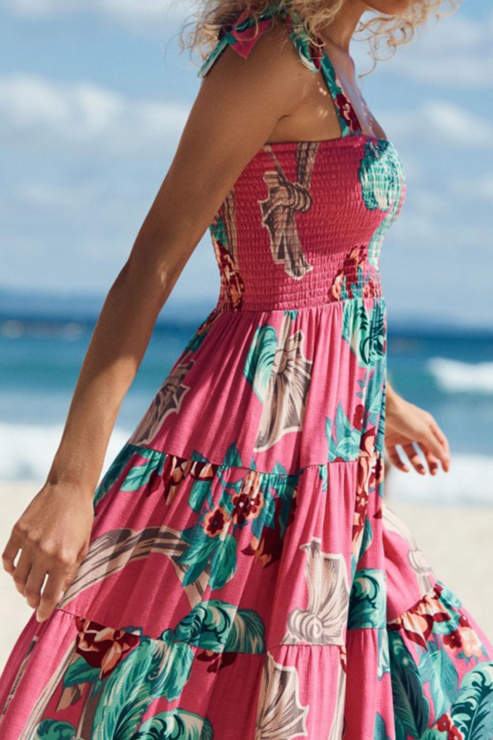 Floral Smocked Tie-Shoulder Tiered Midi Dress