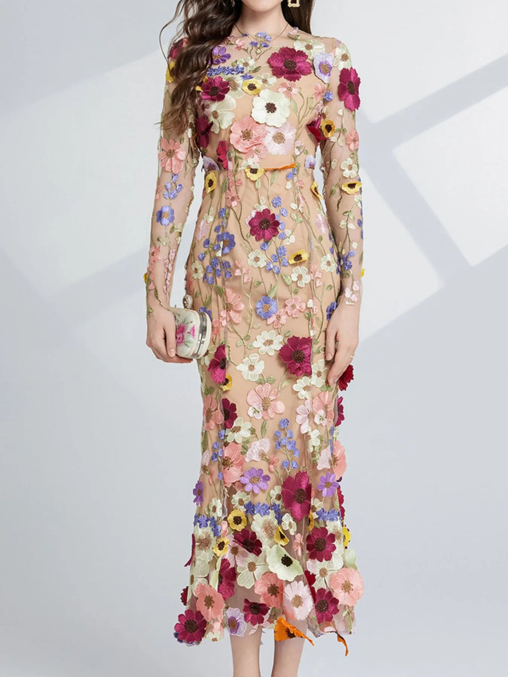 Floral-Embroidered Mesh Long-Sleeve Midi Dress