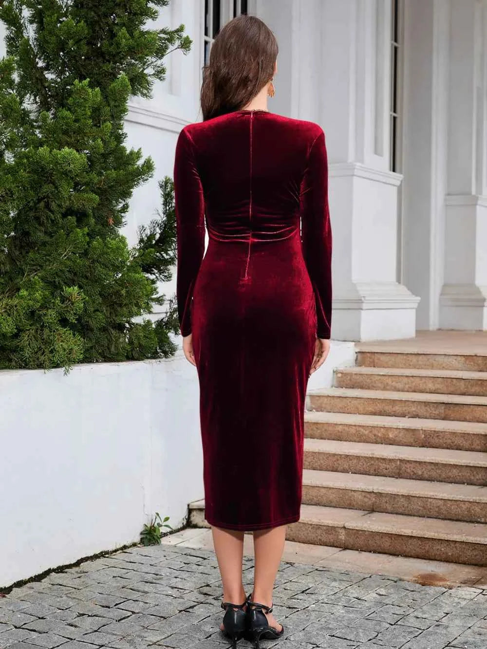 Ruched Long-Sleeve Surplice Slit Dress