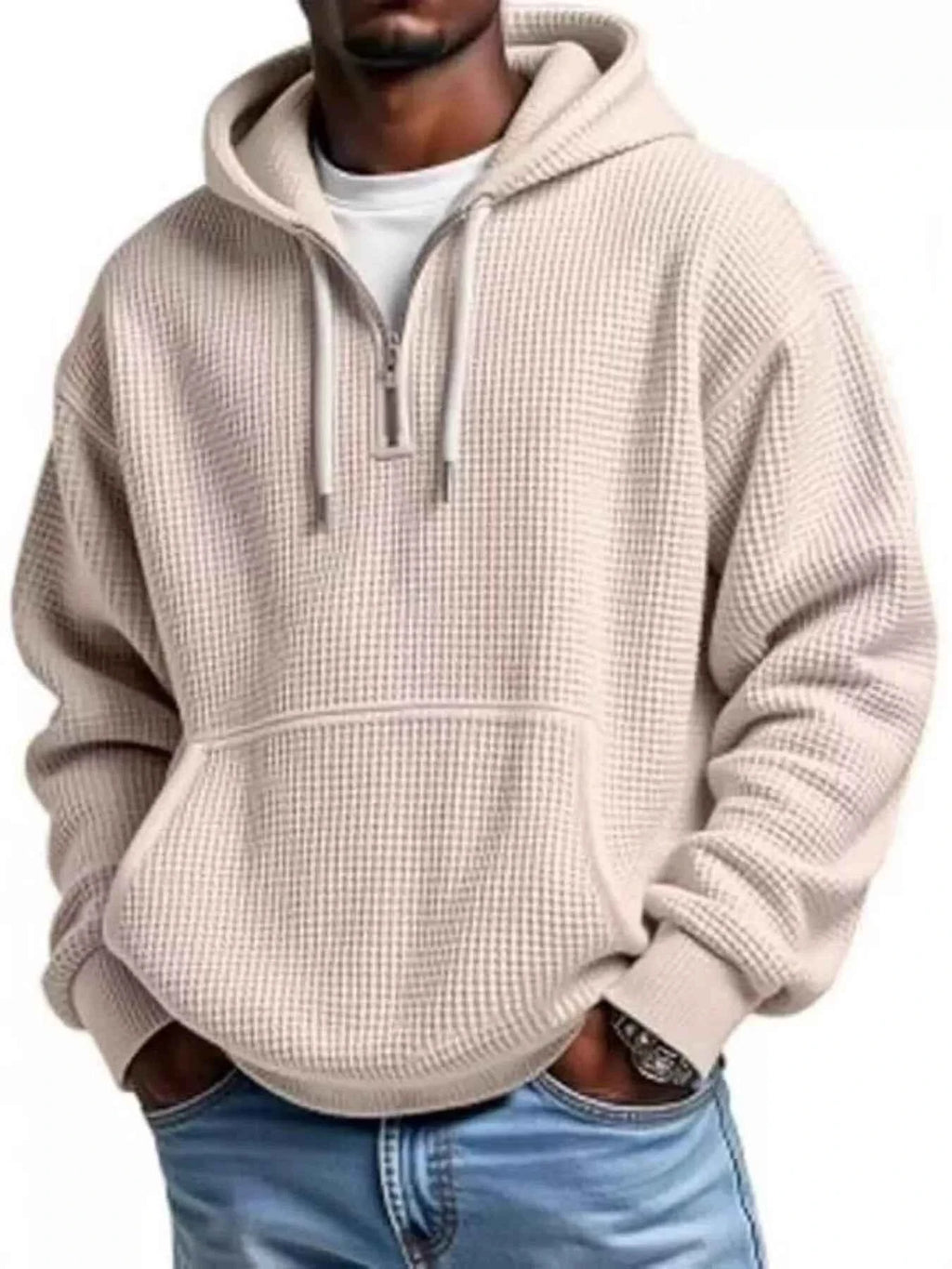 Men's Full Size Textured Waffle Knit Half-Zip Hoodie Plus Size