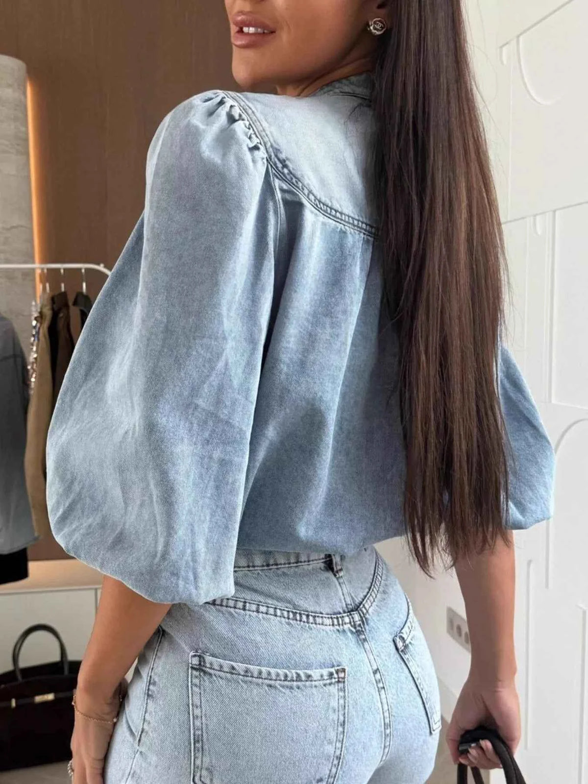 Button-Down Puff-Sleeve Denim Blouse