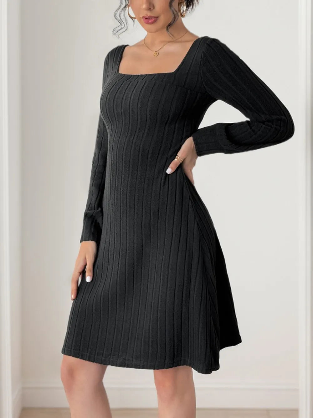 Perfee Butterfly-Back Square-Neck Long-Sleeve Dress
