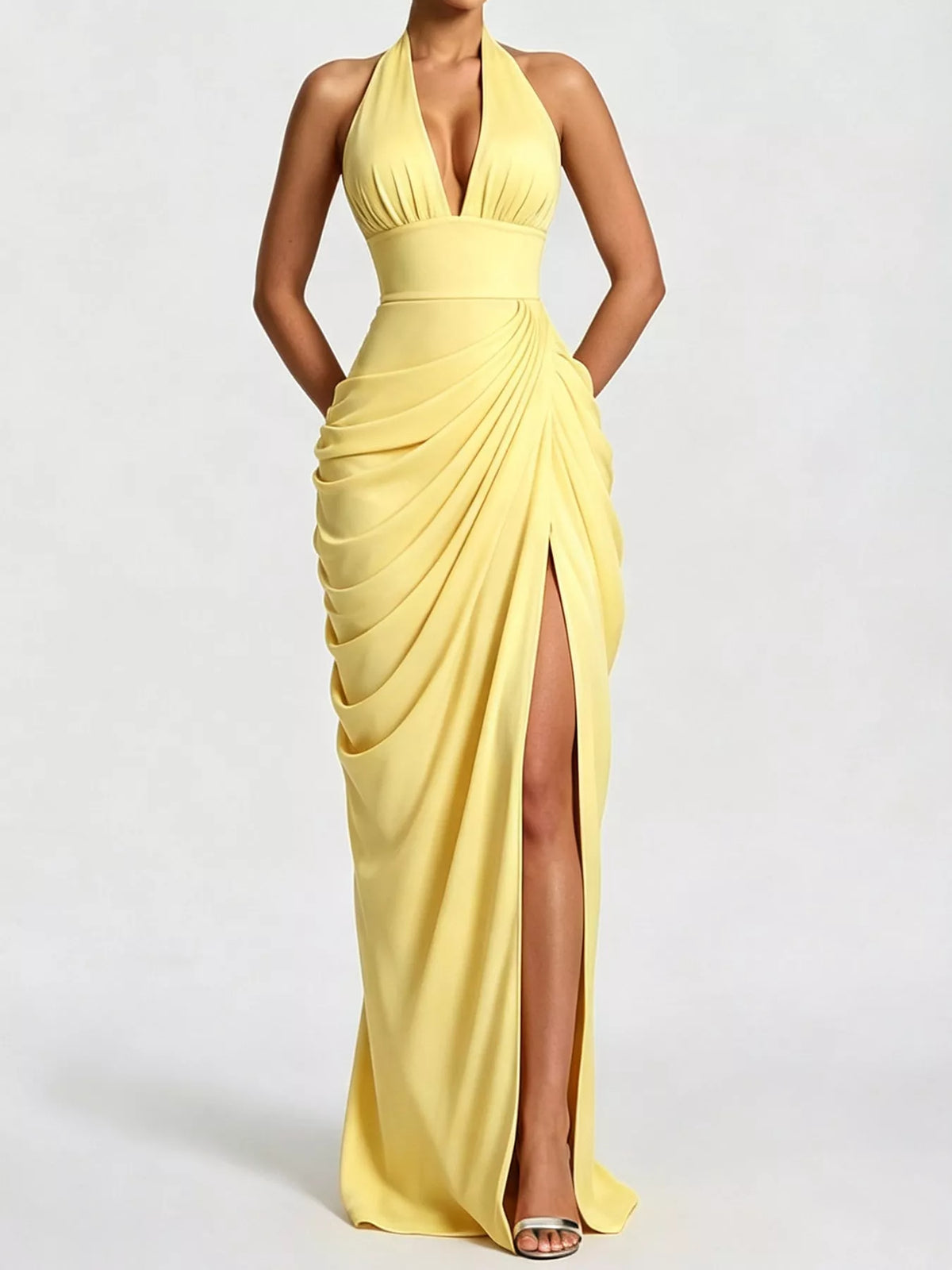 Halter-Neck Ruched High-Slit Maxi Evening Dress
