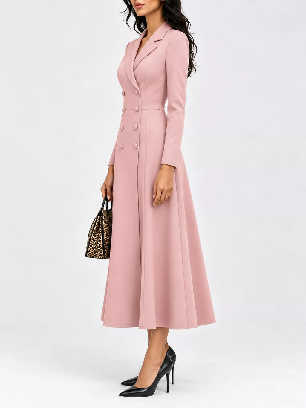 Double-Breasted Lapel-Collar Long-Sleeve Midi Dress