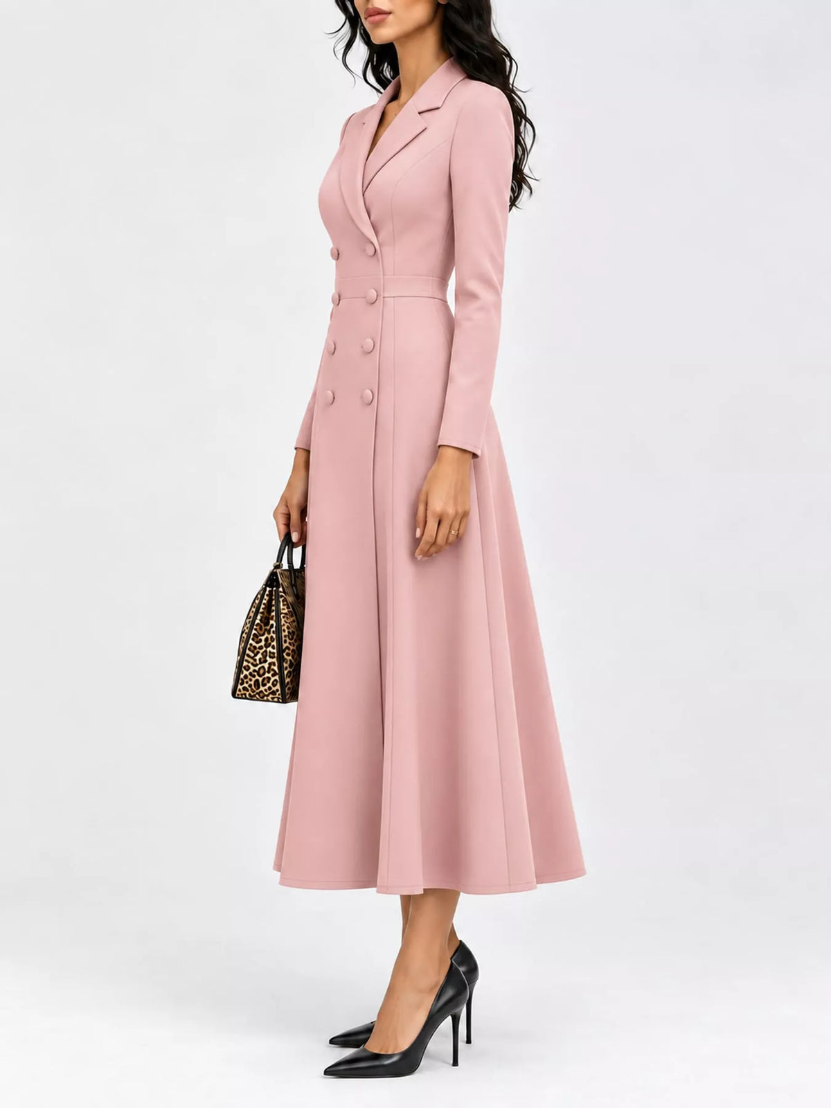 Double-Breasted Lapel-Collar Long-Sleeve Midi Dress