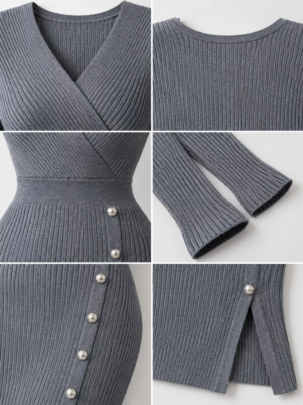 Ribbed Knit Sweater Dress with Decorative Buttons