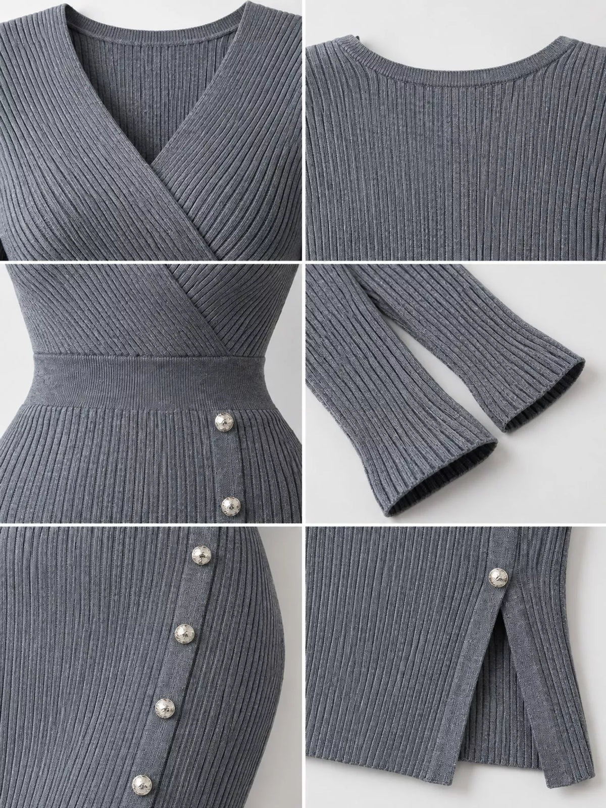 Ribbed Knit Sweater Dress with Decorative Buttons