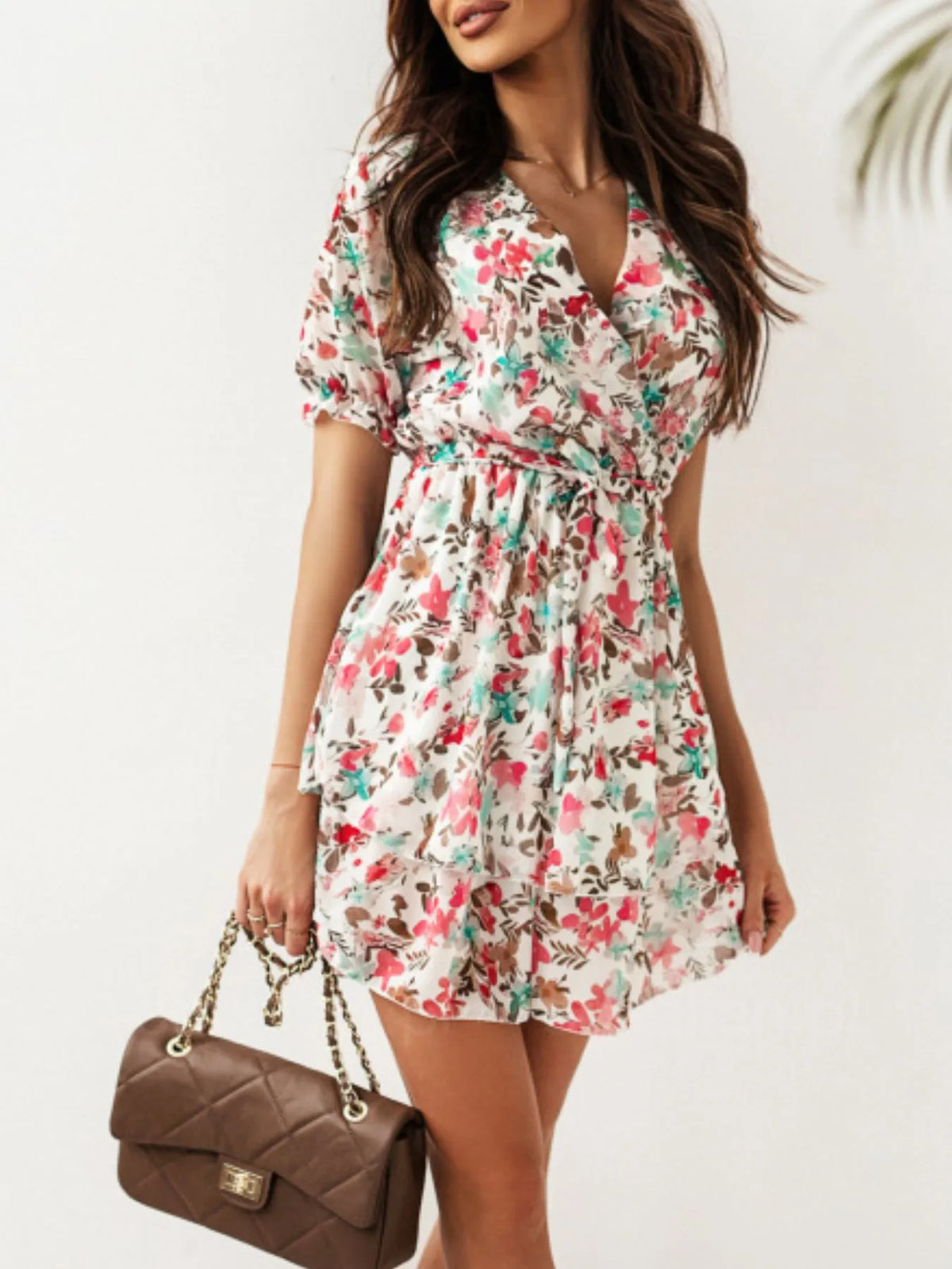 Floral Tie-Waist Layered Ruffle-Hem Mini Dress