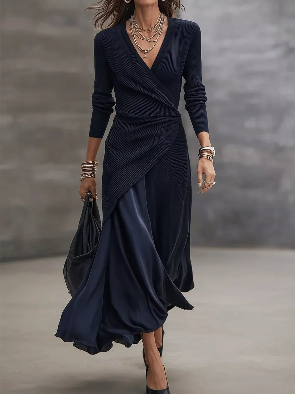 Navy Surplice Long-Sleeve Ruched Midi Dress