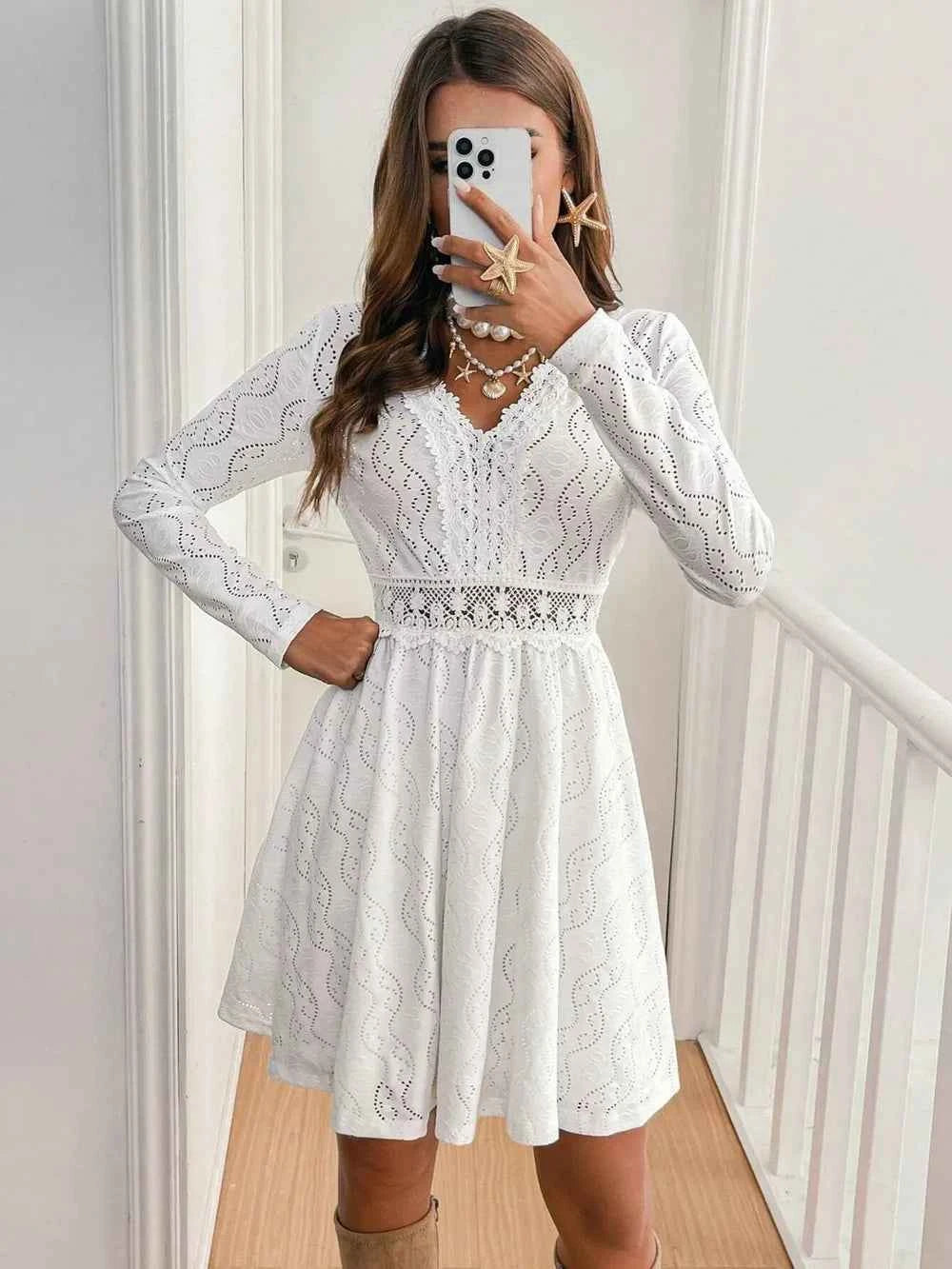 White V-Neck Long-Sleeve Lace-Detail Mini Dress