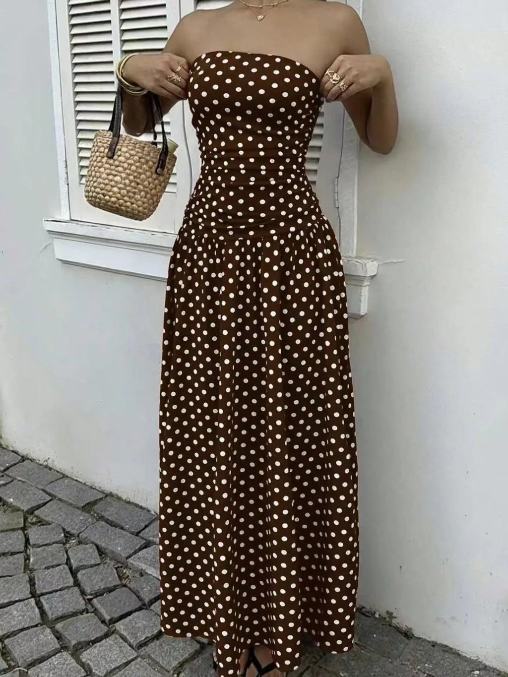 Strapless Polka-Dot Ruched Maxi Dress, S–2XL
