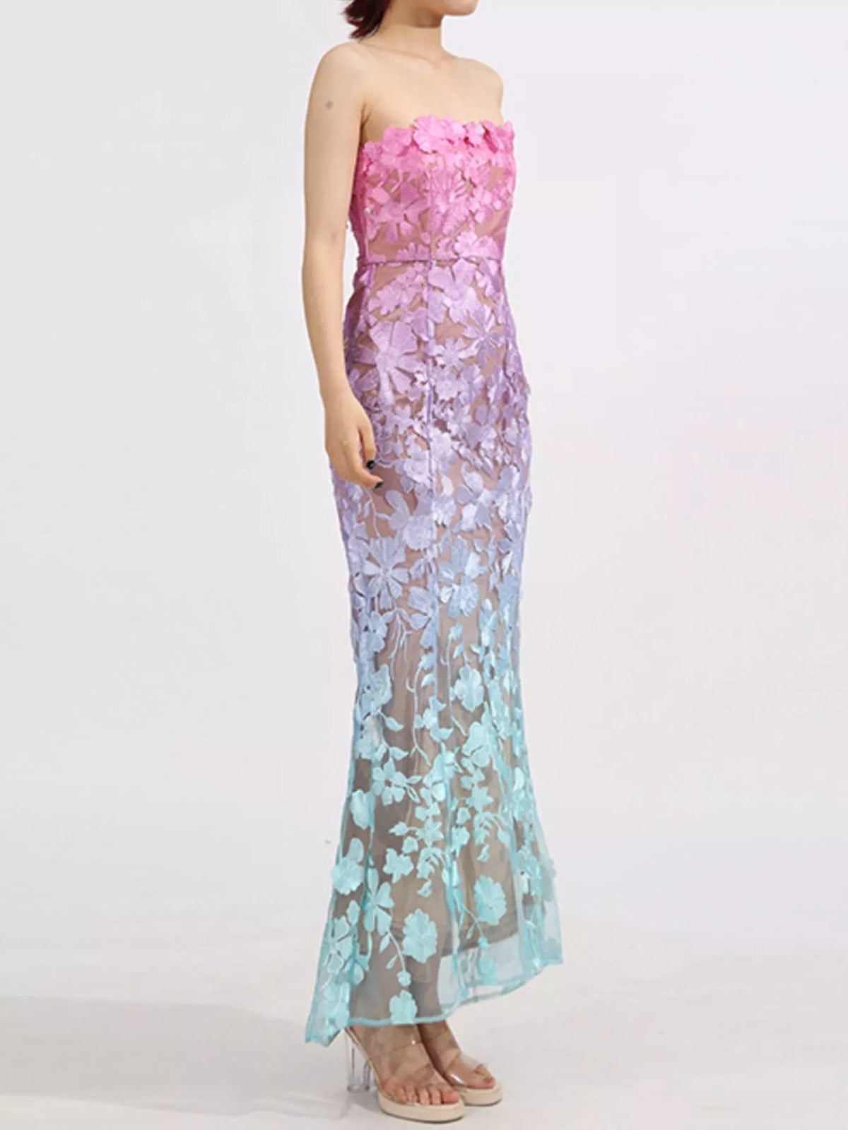 Floral-Embroidered Tube Maxi Dress