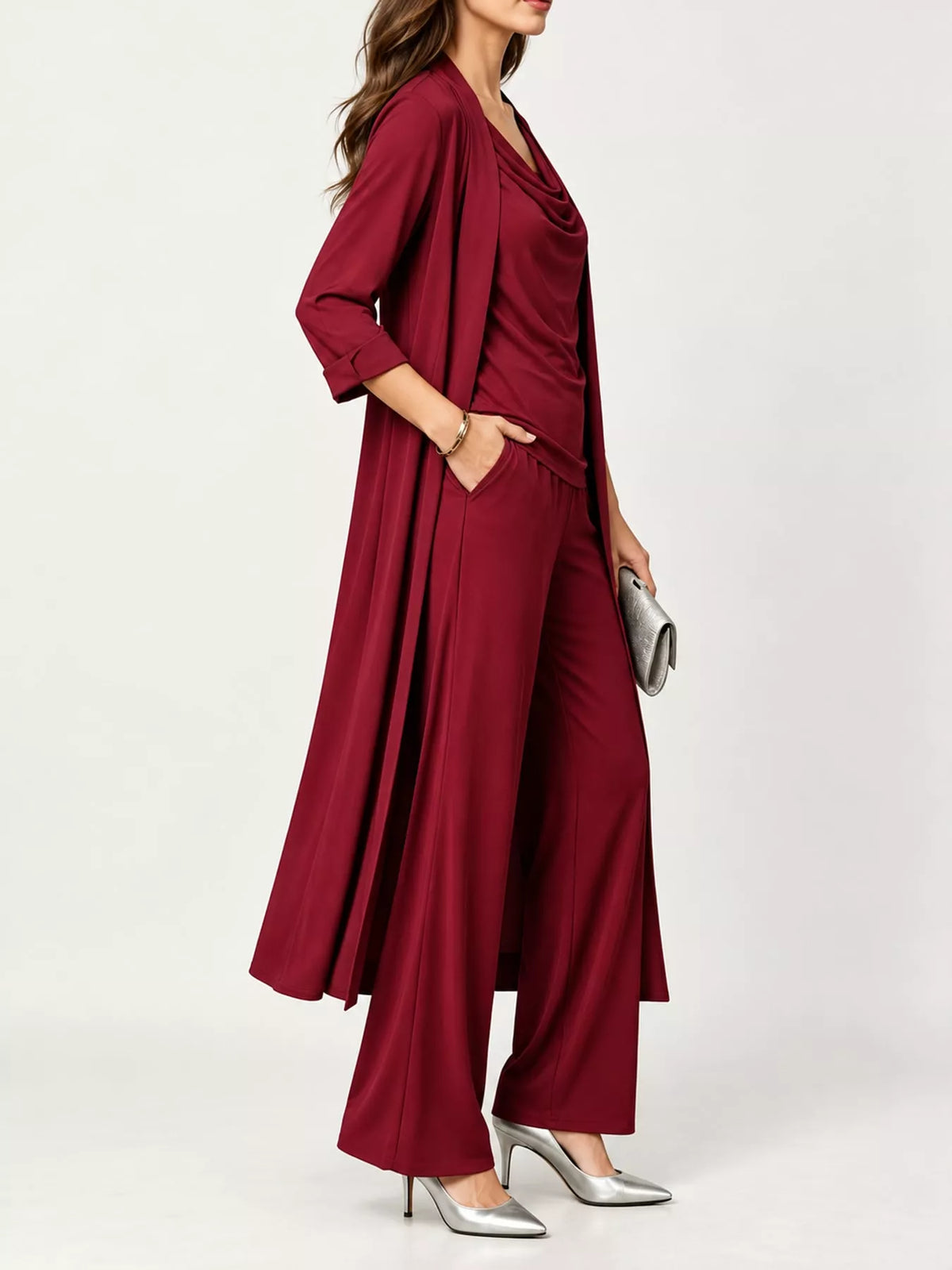 Cowl-Neck Top, Cardigan & Wide-Leg Pants Three-Piece Set