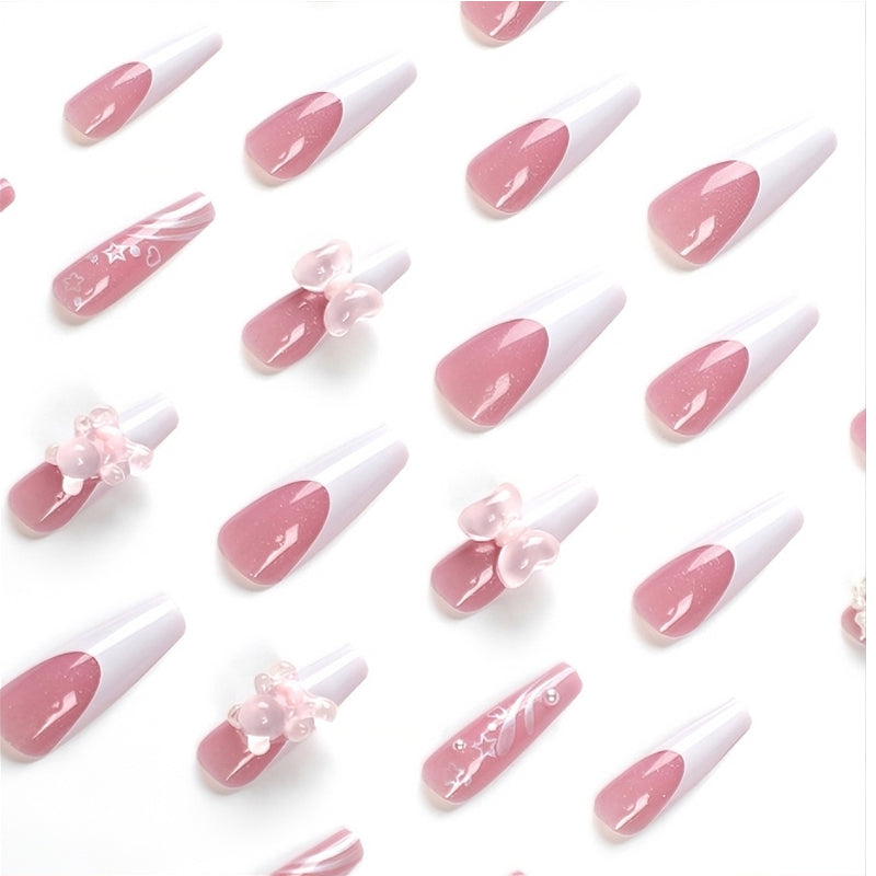 Bear Bow-Knot Press On Nails — 24 PCS Long Square Kawaii Fake Nails | Y2K Nail Art — Prime Trend Market