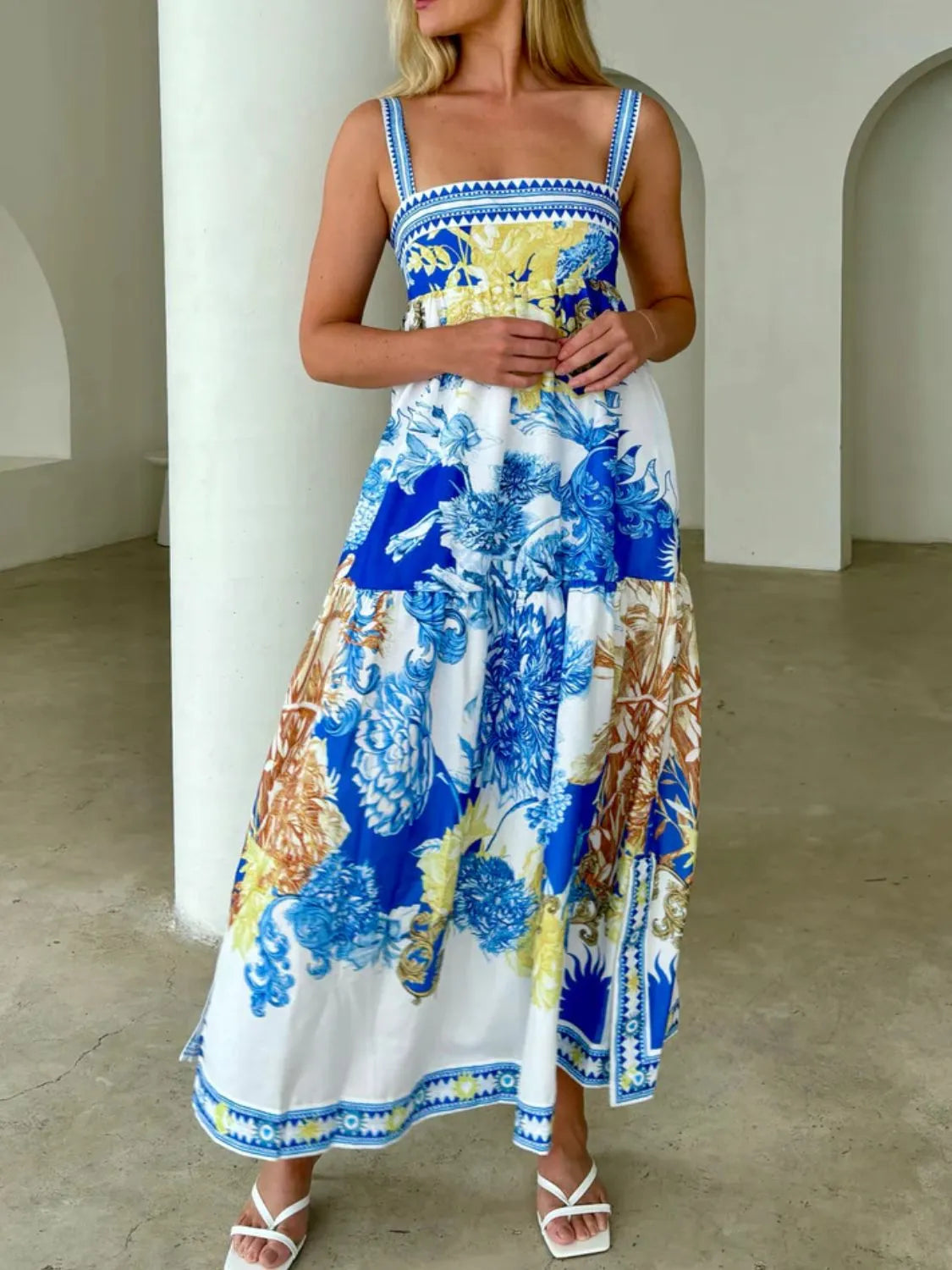 Blue Printed Sleeveless Cami Maxi Dress with Pockets
