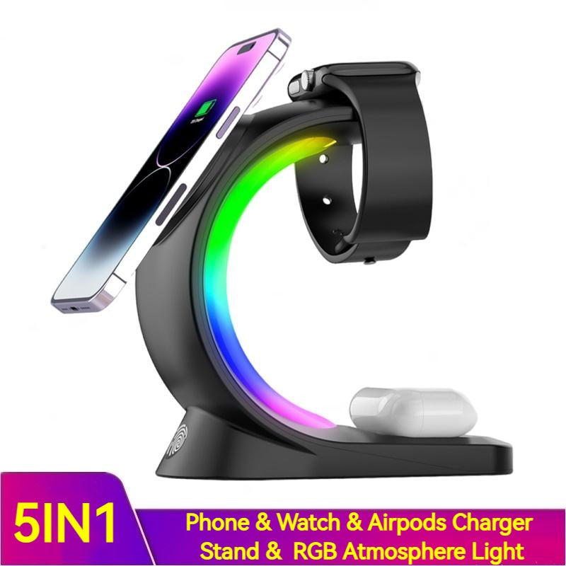 4-in-1 RGB Magnetic Wireless Charging Station | Fast Charge Phone, Watch & Earbuds with Atmosphere Light — Prime Trend Market