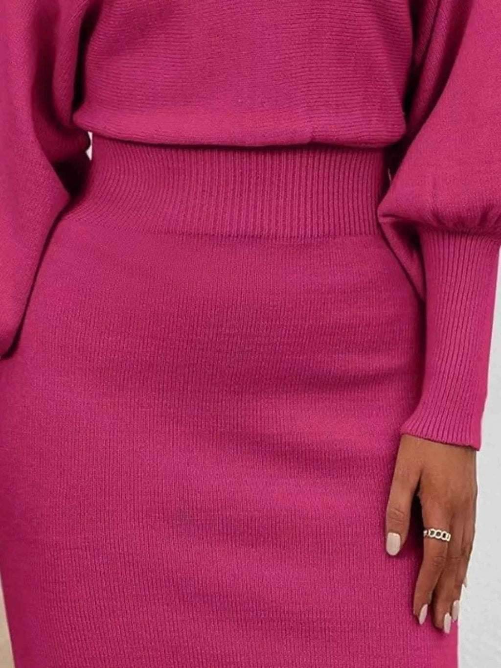 Lantern-Sleeve Ribbed Bodycon Sweater Dress